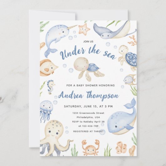 海の赤ちゃんシャワーの下の青い水色 招待状 (正面)