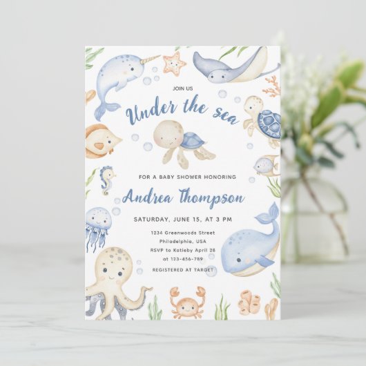 海の赤ちゃんシャワーの下の青い水色 招待状 (スタンド正面)