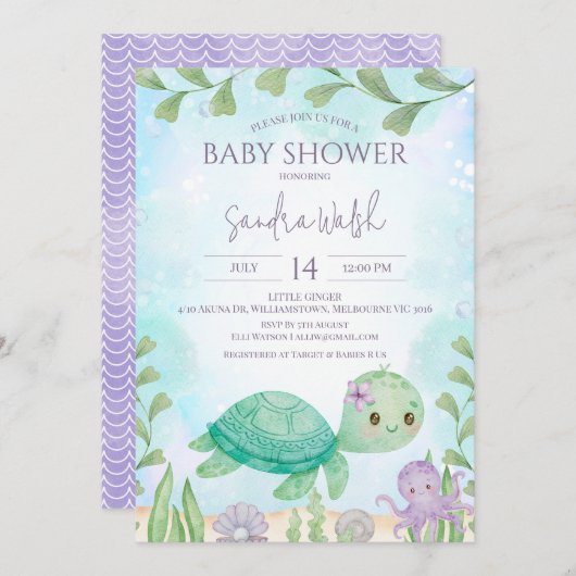 海の赤ちゃんシャワーの下男女兼用のウミガメ 招待状 (正面/裏面)