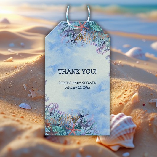 海の赤ちゃんシャワーの下疑問に思の水色 ギフトタグ