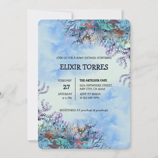 海の赤ちゃんシャワーの下疑問に思の水色 招待状 (正面)