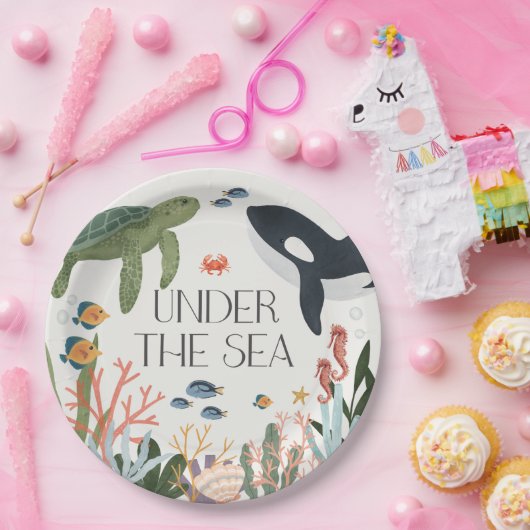 海の赤ちゃんシャワーまたは誕生日テーブルの下で ペーパープレート (パーティー)