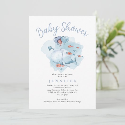 海の赤ちゃんシャワーインビタの下の水色クジラ 招待状 (スタンド正面)