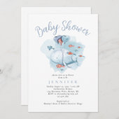 海の赤ちゃんシャワーインビタの下の水色クジラ 招待状 (正面/裏面)