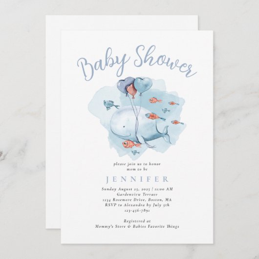 海の赤ちゃんシャワーインビタの下の水色クジラ 招待状 (正面/裏面)