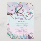 海の赤ちゃん女の子の下で人魚の尾の赤ちゃんシャワー 招待状 (正面/裏面)