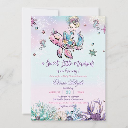 海の赤ちゃん女の子の下のブロンド人魚の赤ちゃんシャワー 招待状 (正面)