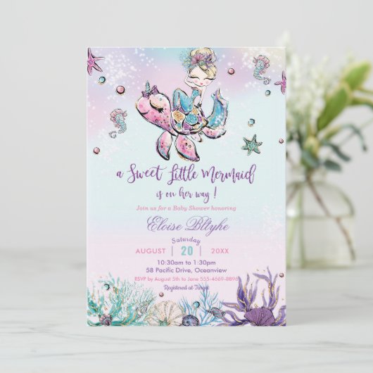海の赤ちゃん女の子の下のブロンド人魚の赤ちゃんシャワー 招待状 (スタンド正面)