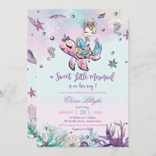 海の赤ちゃん女の子の下のブロンド人魚の赤ちゃんシャワー 招待状 (正面/裏面)