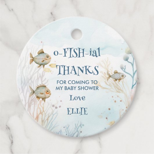 海の赤ちゃん感謝していのシャワーの下のO魚のおもしろい フェイバータグ (正面)