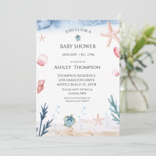 海の赤ちゃん男女兼用のシャワーの下で 招待状 (スタンド正面)