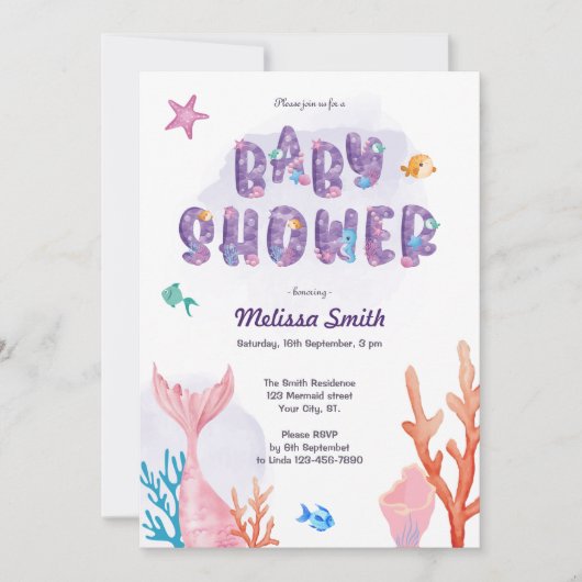 海の赤ん坊のシャワーの下の人魚の小さな 招待状 (正面)