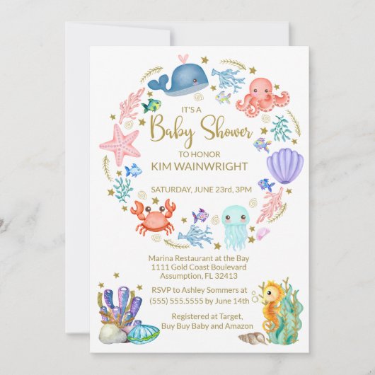 海の赤ん坊のシャワーの男女兼用下にかわいい 招待状 (正面)