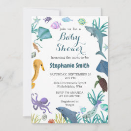 海の赤モダンちゃんシャワーの下の水色 招待状