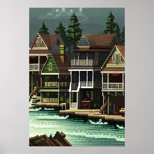 海の近くのアメリカの町、ピクセルアート | AI Art ポスター (正面)