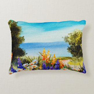 海の近くのカモミール畑に花を描く油絵 アクセントクッション
