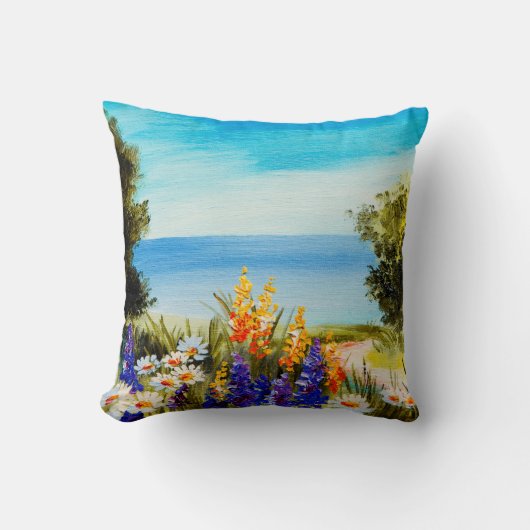 海の近くのカモミール畑に花を描く油絵 クッション (正面)