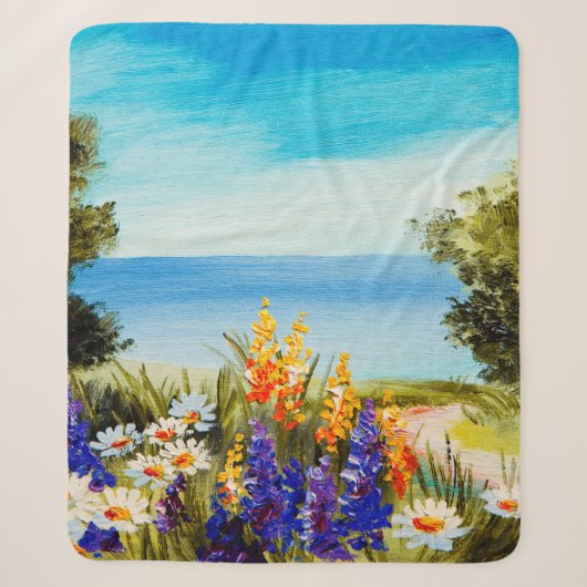 海の近くのカモミール畑に花を描く油絵 シェルパブランケット (正面)