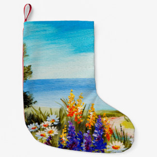 海の近くのカモミール畑に花を描く油絵 スモールクリスマスストッキング