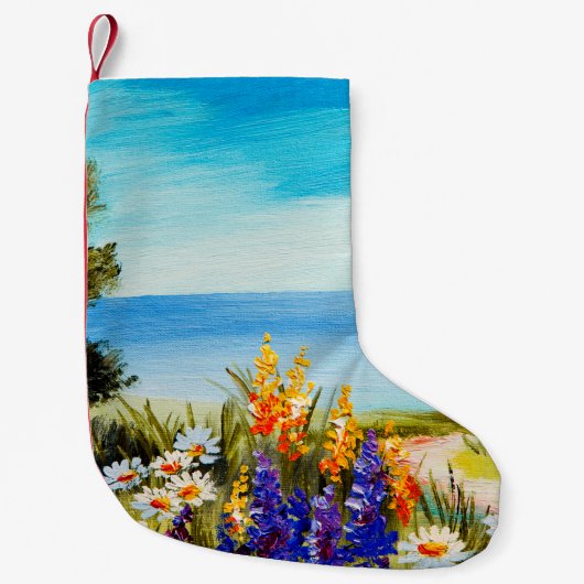海の近くのカモミール畑に花を描く油絵 スモールクリスマスストッキング (正面)