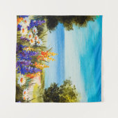 海の近くのカモミール畑に花を描く油絵 タペストリー (正面(横))