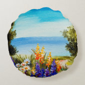 海の近くのカモミール畑に花を描く油絵 ラウンドクッション (裏面)