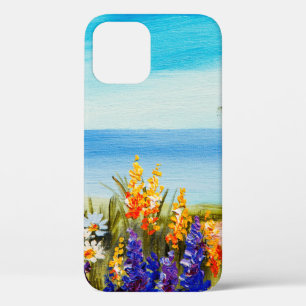 海の近くのカモミール畑に花を描く油絵 iPhone 12ケース
