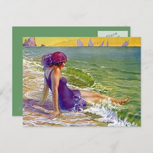 海の郵便はがきのヨットのClocheのフラッパーの女の子 ポストカード (正面/裏面)