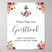 海の錨と花のウェディングゲストブックサイン ポスター (正面)