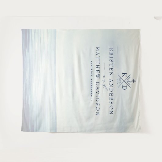 海の錨のモノグラム ウォーターカラー 海辺の結婚式 タペストリー (正面(横))