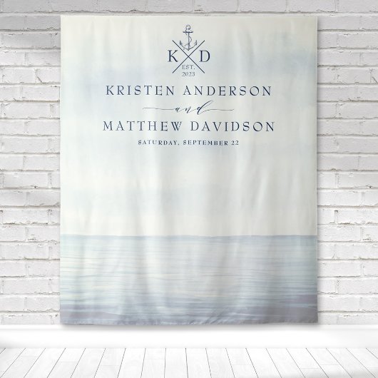 海の錨のモノグラム ウォーターカラー 海辺の結婚式 タペストリー