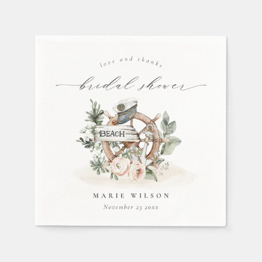 海の錨の車の葉の花のウェディングシャワー スタンダードカクテルナプキン (正面)