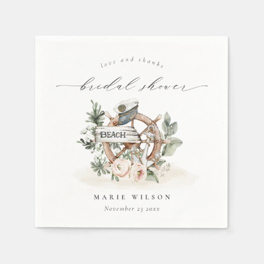 海の錨の車輪の葉の花のウェディングシャワー スタンダードカクテルナプキン (正面)