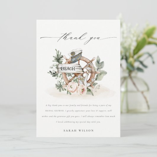 海の錨の車輪 葉の多い花のウェディングシャワー サンキューカード (スタンド正面)