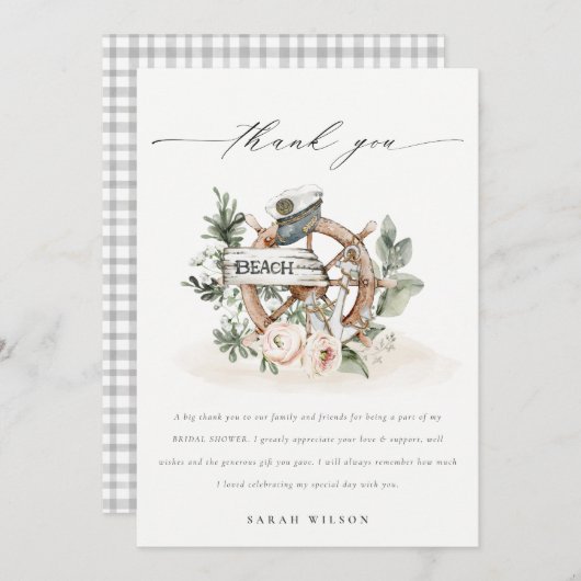 海の錨の車輪 葉の多い花のウェディングシャワー サンキューカード (正面/裏面)