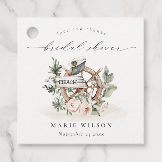 海の錨の車輪 葉の多い花のウェディングシャワー フェイバータグ (正面)