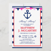 海の錨 ネイビーストライプ ベビー船 誕生日 招待状 (正面)