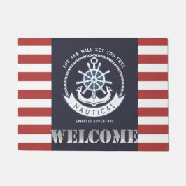 海の錨、ホイール、 ネイビーブルー、赤のストライプ ドアマット