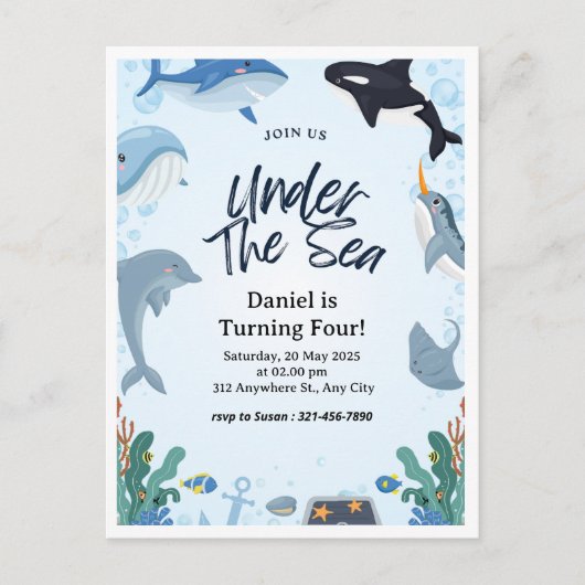海の青いオーシャンイルカの誕生日 ポストカード (正面)