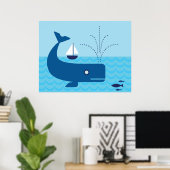 海の青いクジラとヨット 海の青 ポスター (ホームオフィス)