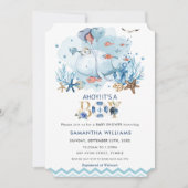 海の青いクジラの歓迎　男の子のベビーシャワーパーティー 招待状 (正面)