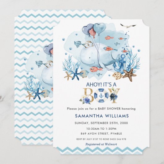 海の青いクジラの歓迎　男の子のベビーシャワーパーティー 招待状 (正面/裏面)