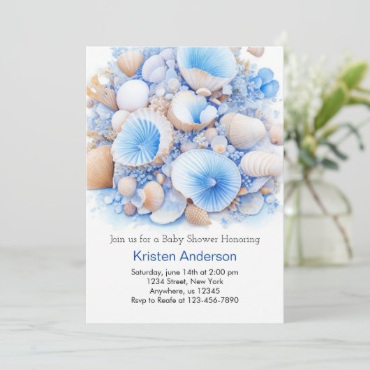 海の青いシェルお洒落ボーイの赤ちゃんシャワーの下で 招待状 (スタンド正面)