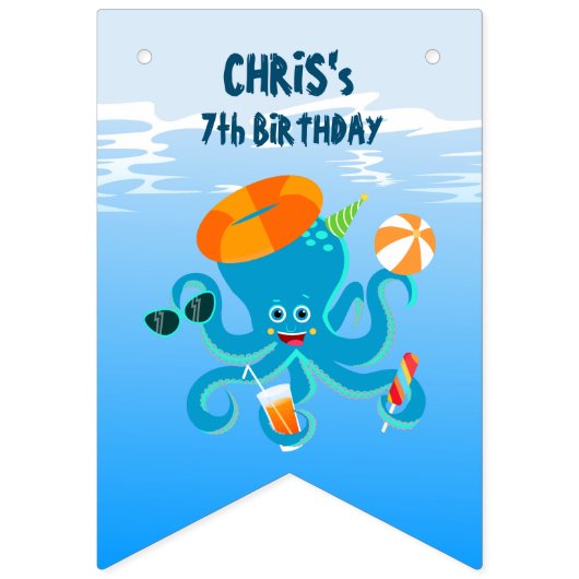  海の青いタコ 男の子の誕生日パーティー バンティングフラッグ (第1の旗)