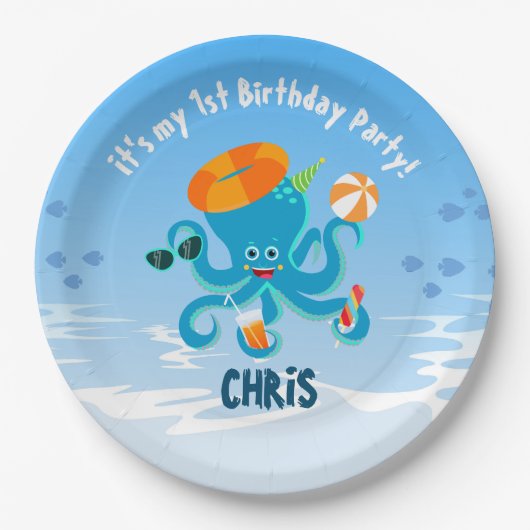  海の青いタコ 男の子の誕生日パーティー ペーパープレート (正面)