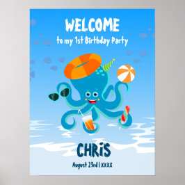 海の青いタコ 男の子の誕生日パーティー ポスター
