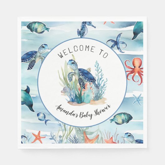 海の青い亀の男の子のシャワーの下で スタンダードランチョンナプキン (正面)