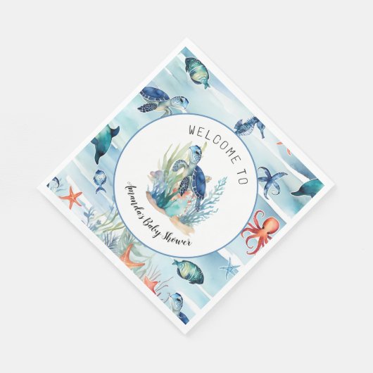 海の青い亀の男の子のシャワーの下で スタンダードランチョンナプキン (角)