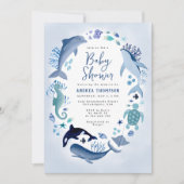 海の青い水の色の下で男の子のための赤ちゃんシャワー 招待状 (正面)