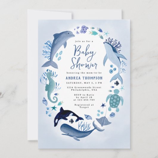 海の青い水の色の下で男の子のための赤ちゃんシャワー 招待状 (正面)